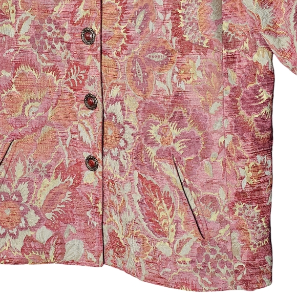 J.Jill Pink Gold Floral Pearl Button Front 3/4 Sleeve Collar Tapestry Jacket 2X - Picture 3 of 10
